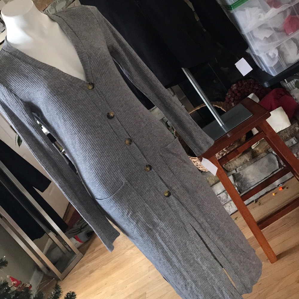 Long gray v-neck sweater dress